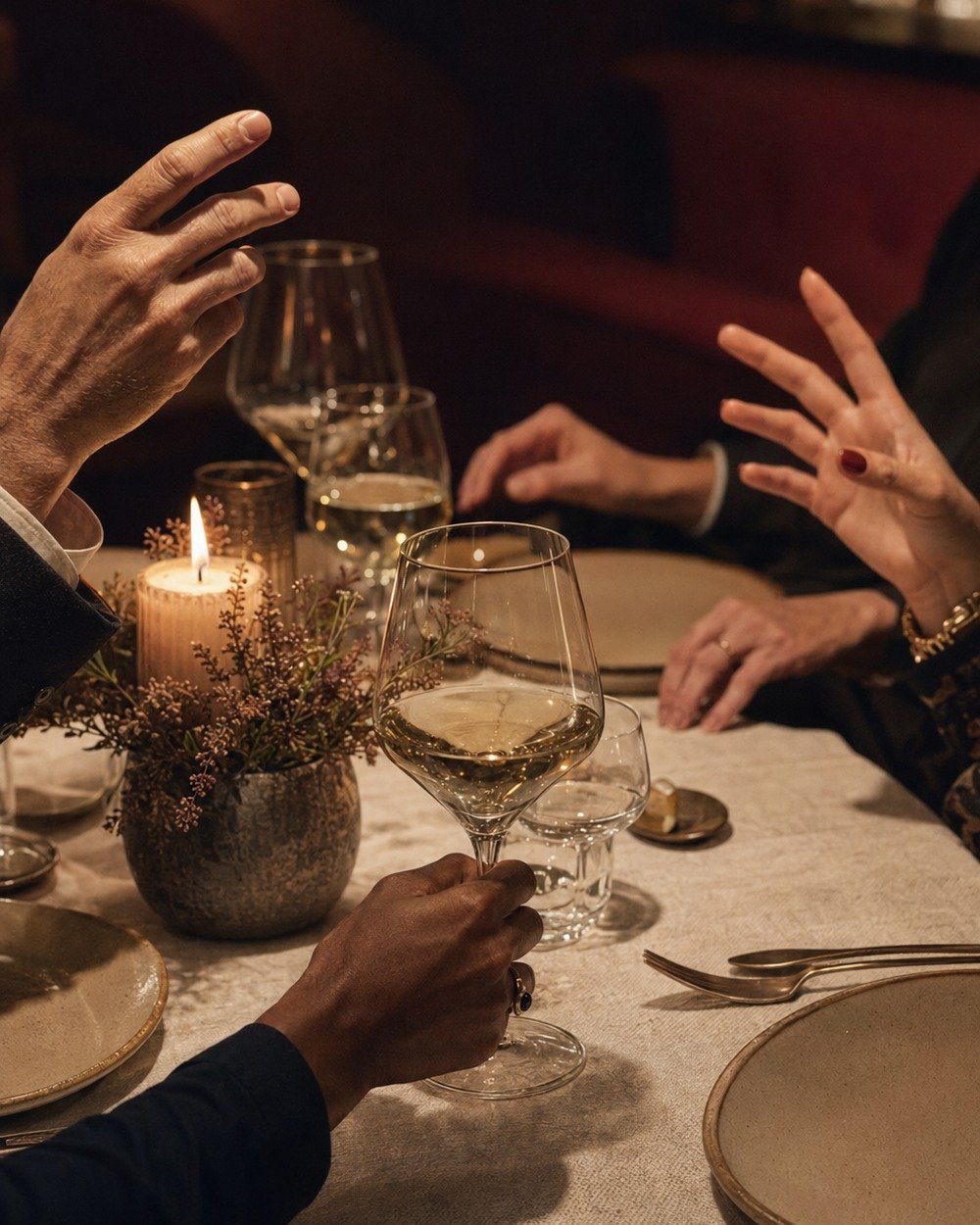 Handen, glaswerk en kaarslicht tijdens een levendig tafelgesprek